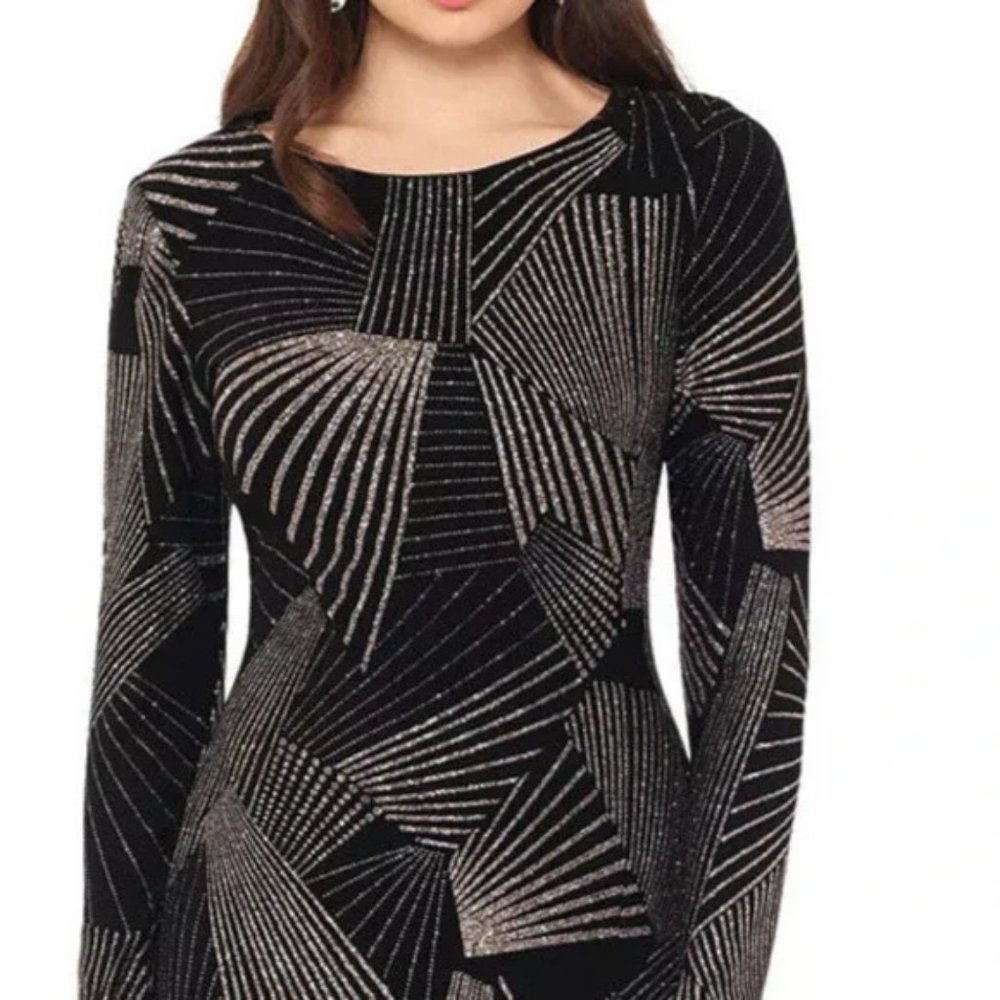 BETSY & ADAM Bodycon Black Gold Glitter Midi Long Sleeve Sz 6